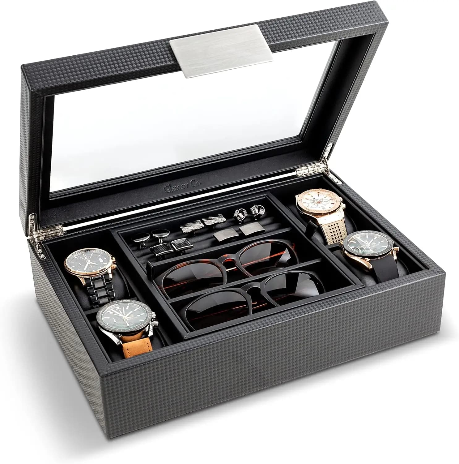 Co Valet men's jewelry box - Contains 4 watches, 12 twins, 2 sunglasses - Accents in carbon fiber and metal, PU leather, large glass