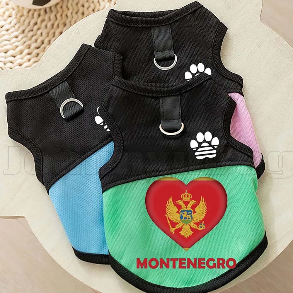 Pettorina a rete per cani e gatti con bandiera a cuore del Montenegro, abbigliamento estivo da esterno per cuccioli e gattini, gilet per cani e gatti con anello a D per guinzaglio