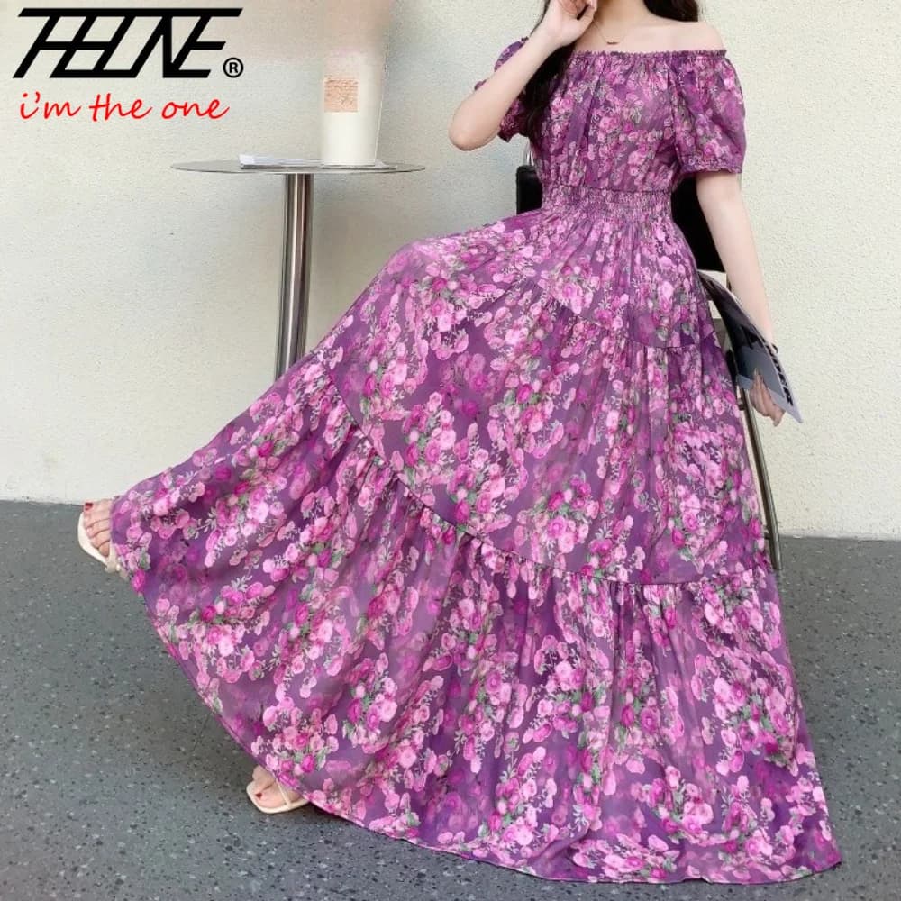 THHONE Vestidos Robe Maxi Long Dress Women Summer Indian Clothes Bohemian Cotton Linen Floral Short Sleeve Korean Style Casual