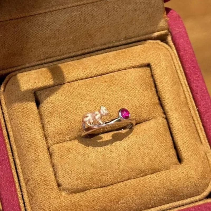Anelli per gatti piccoli carini spazzolati con rubino di lusso leggero per le donne Anello minimalista di moda di fascia alta adatto per regali di gioielli quotidiani