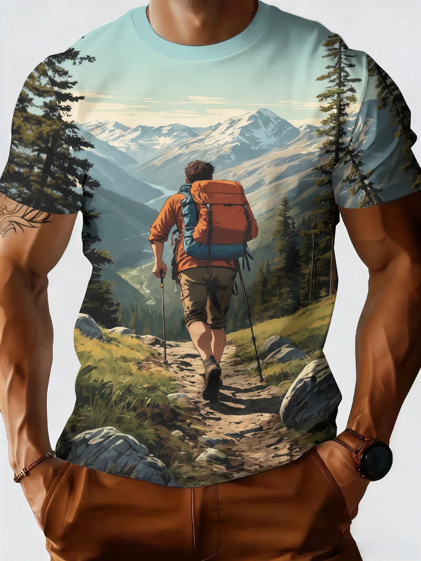Men Hiker Backpack Trekking Pole Pine Tree Snow Mountain Valley Scenery Print Light Blue Crew Neck Short Sleeve Casual T-shirt