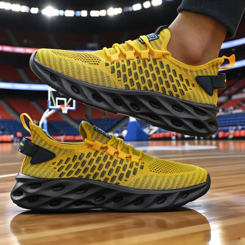 Scarpe da ginnastica da basket atletiche da uomo Tomaia in tessuto giallo brillante Design a rete ariosa Scarpe da uomo Scarpe sportive funzionali antiscivolo alla moda