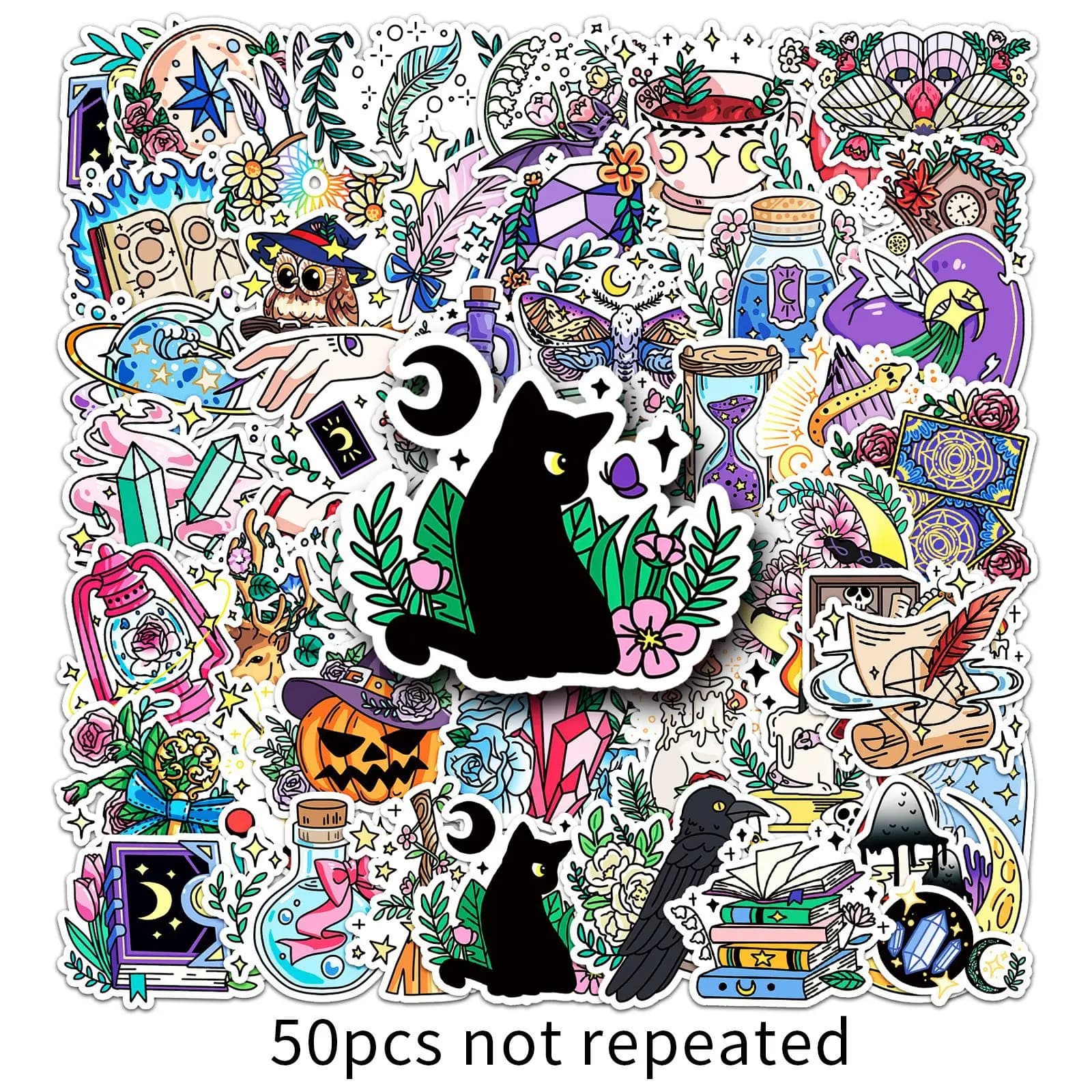 Set di 50 Adesivi Gotici Stile Witchy, Impermeabili in PVC, Decorazioni Punk con Tarocchi e Cristalli per Quaderni e Agende ​ Regali