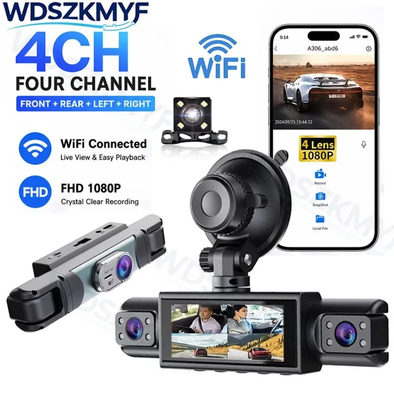 WiFi 4 Channel Dashcam Rear View Camera FHD 1080P cars Black Box 170° Wide Angle Loop Recording 3 Camera Driving car accessories