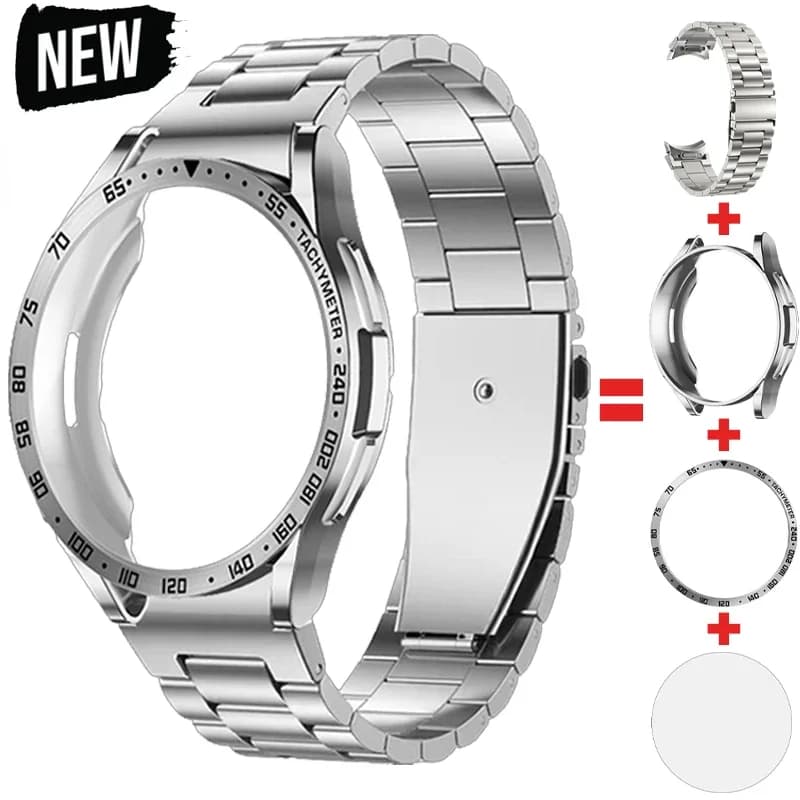 Kit di modifica 4 in 1 per Samsung Galaxy Watch 6 Classic 43mm 47mm cinturino in metallo in acciaio inossidabile custodia in TPU pellicola protettiva con cornice