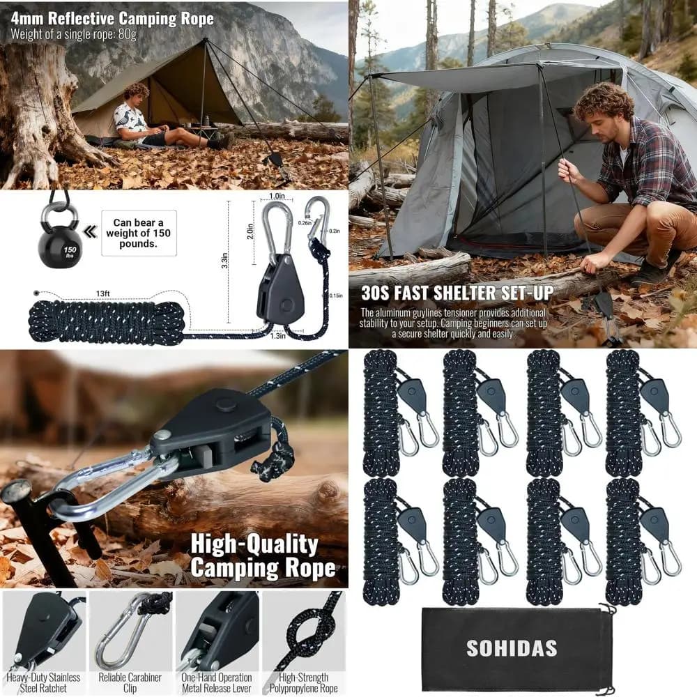 Corda Regolabile Riflettente per Tenda da Campeggio con Cricchetto, Set da 8 Corde di Fissaggio per Teloni e Ripari Esterni