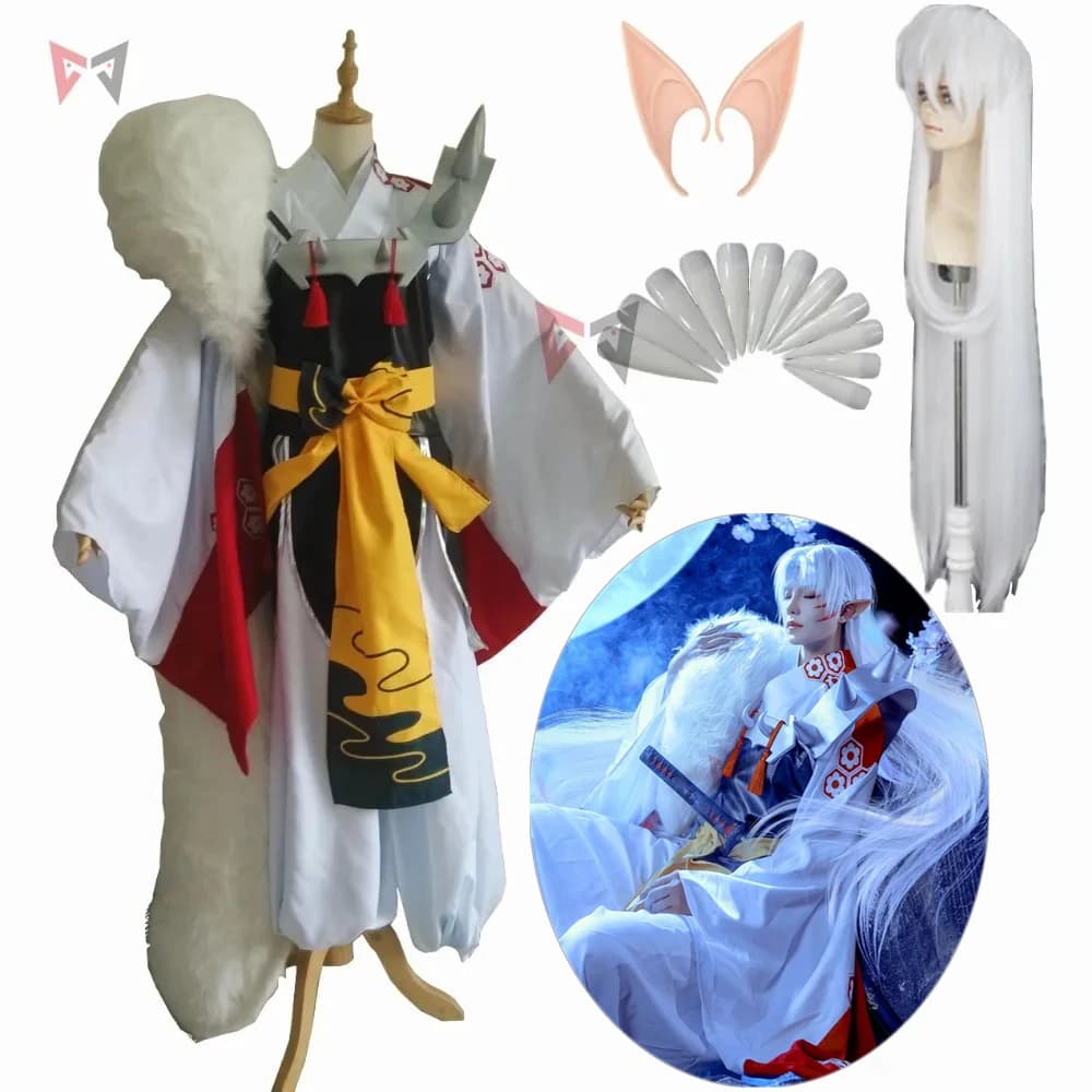 New Anime Inuyasha Sesshoumaru Costume Cosplay carnevale Halloween u-curry fantasia Kimono stivali parrucca grande coda su misura