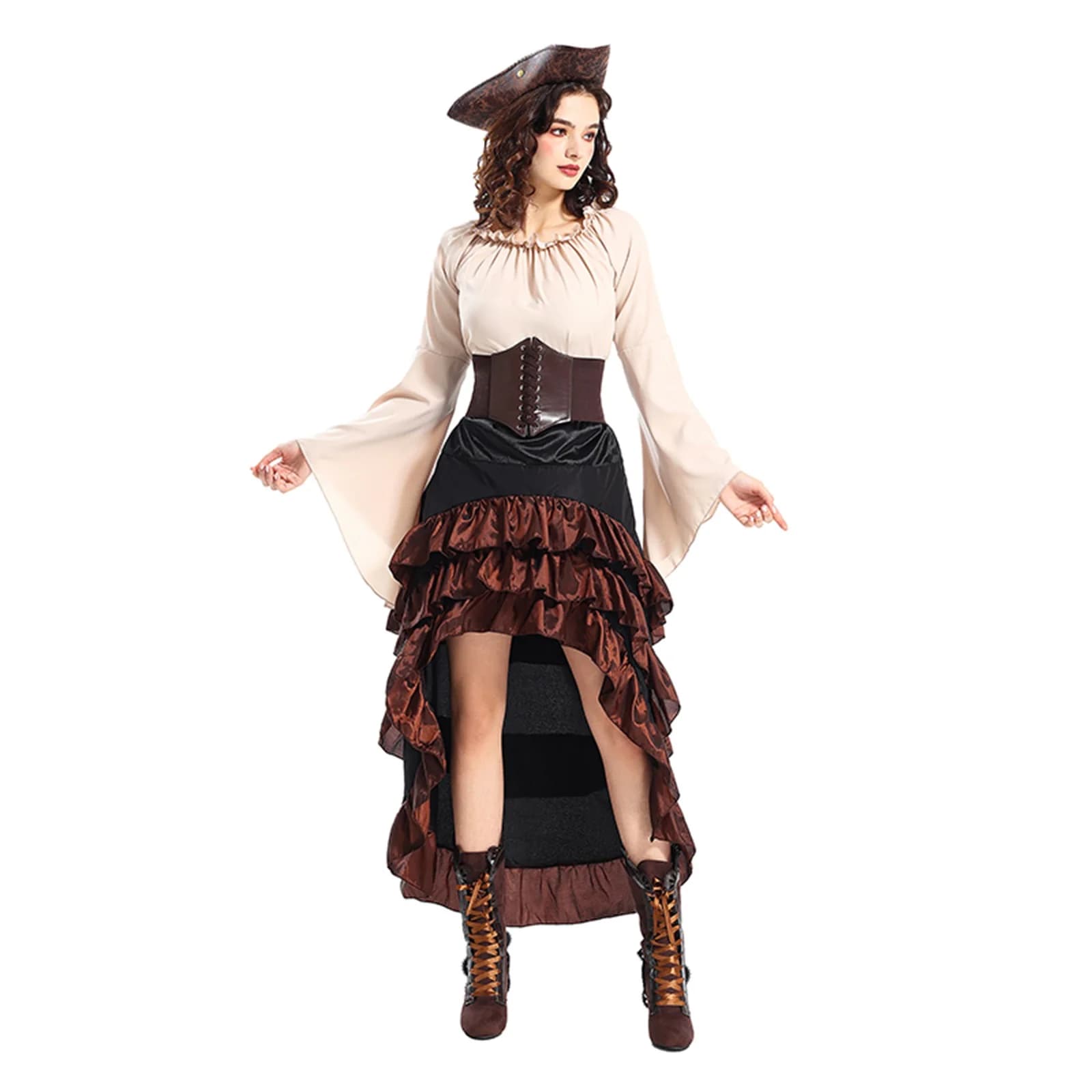 Costume da pirata di Halloween da donna con maniche svasate, gonna con volant, cappello e cintura a corsetto per abiti da festa cosplay