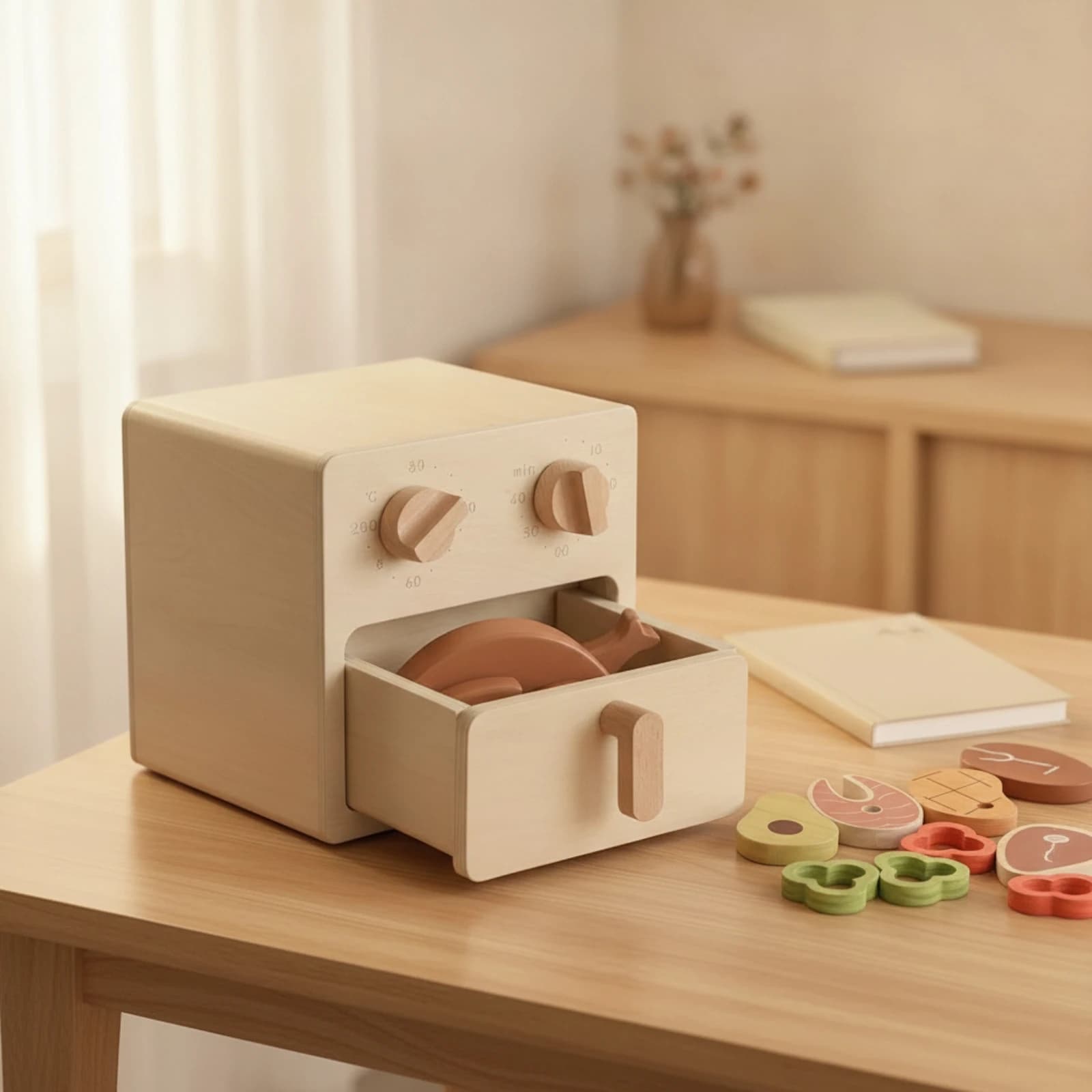 Toy Air Fryer Minimalist Pretend Air Fryer Wooden Play Food Set Realistic Child-Friendly for Children, Playroom, Nursery