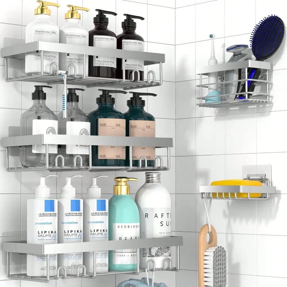 5 Pack Shower Caddy ,3 Shower Racks With Soap Holder And Toothbrush Holder,Adhesive Shower Shelves Storage Organizer, No Drilli