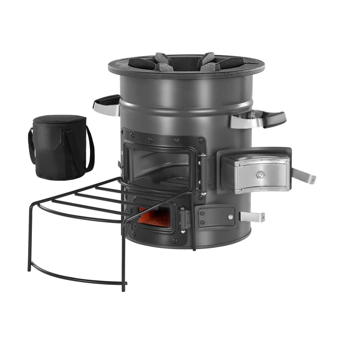 Camping Rocket Stove, Wood Burning Portable Rocket Stove with Carrying Bag for Backpacking, SPCC Steel, Double Door, Burn Twigs, Sticks or Charcoals for Outdoor Cooking, Backyard, Camp Cooking On-Site