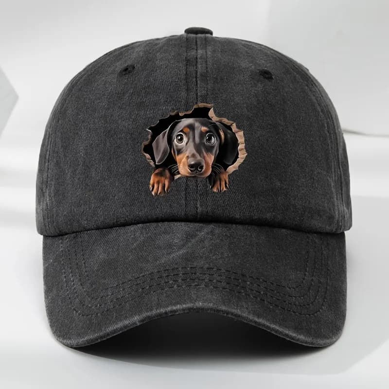Cappellino da baseball effetto vintage con divertente motivo a cane, design con foro trasparente, traspirante, casual, per sport all'aperto e protezione solare.