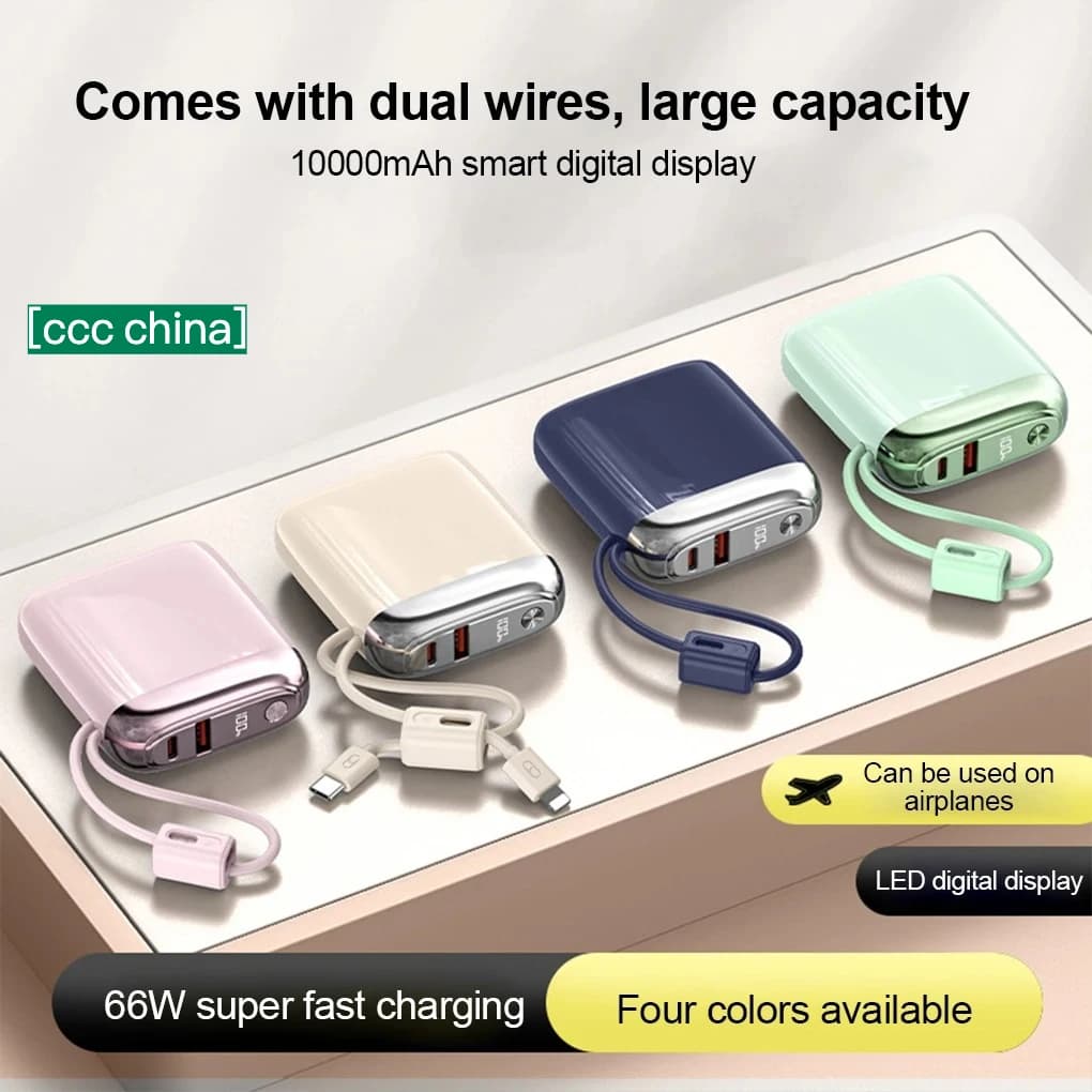 Mini Power Bank CCC 20000mAh 66W Ricarica super veloce Cavo USB-C integrato Caricatore portatile certificato PD3.0/QC3.0 Adatto ai viaggi