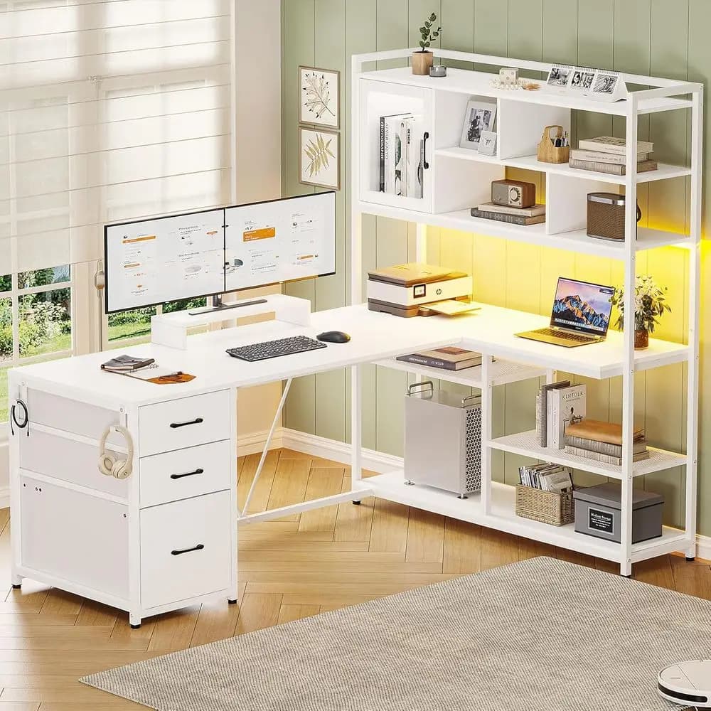 Scrivania a L da 58'' con Spazio di Archiviazione, 3 Cassetti, Libreria, Illuminazione LED per Ufficio Domestico o Gaming