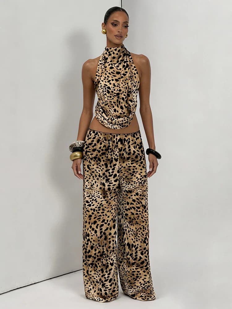 Weird Puss Leopard Print 2 Piece Set Women Hottie Wild Halter Backless Bandages Tank Top+Wide-Leg Pants Fashion Street Suits