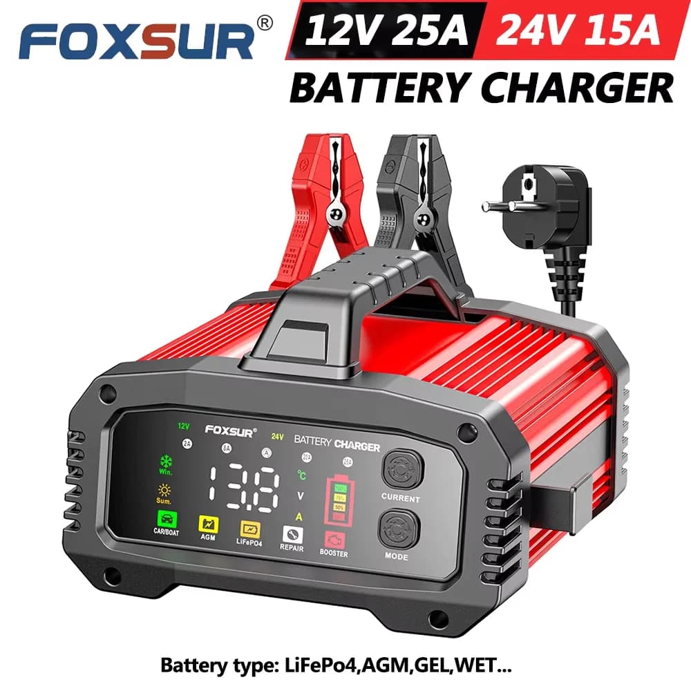 12V 24V FOXSUR FPT-250 Car Charger for Car Motorcycle Trucks High Power Booster Repair for Lead-acid AGM LiFePo4