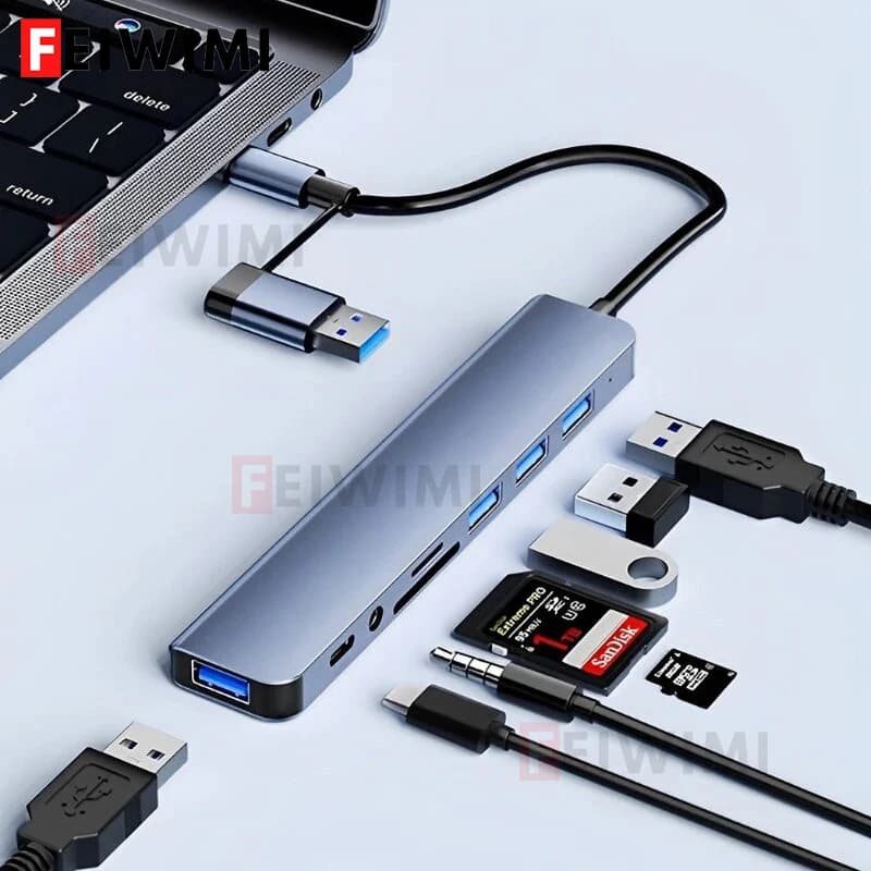 8 in 2 Port USB C Splitter USB Hub Type C Expander Type C Dock Multiport Adapter USB Expander For Xiaomi Phone Tablet