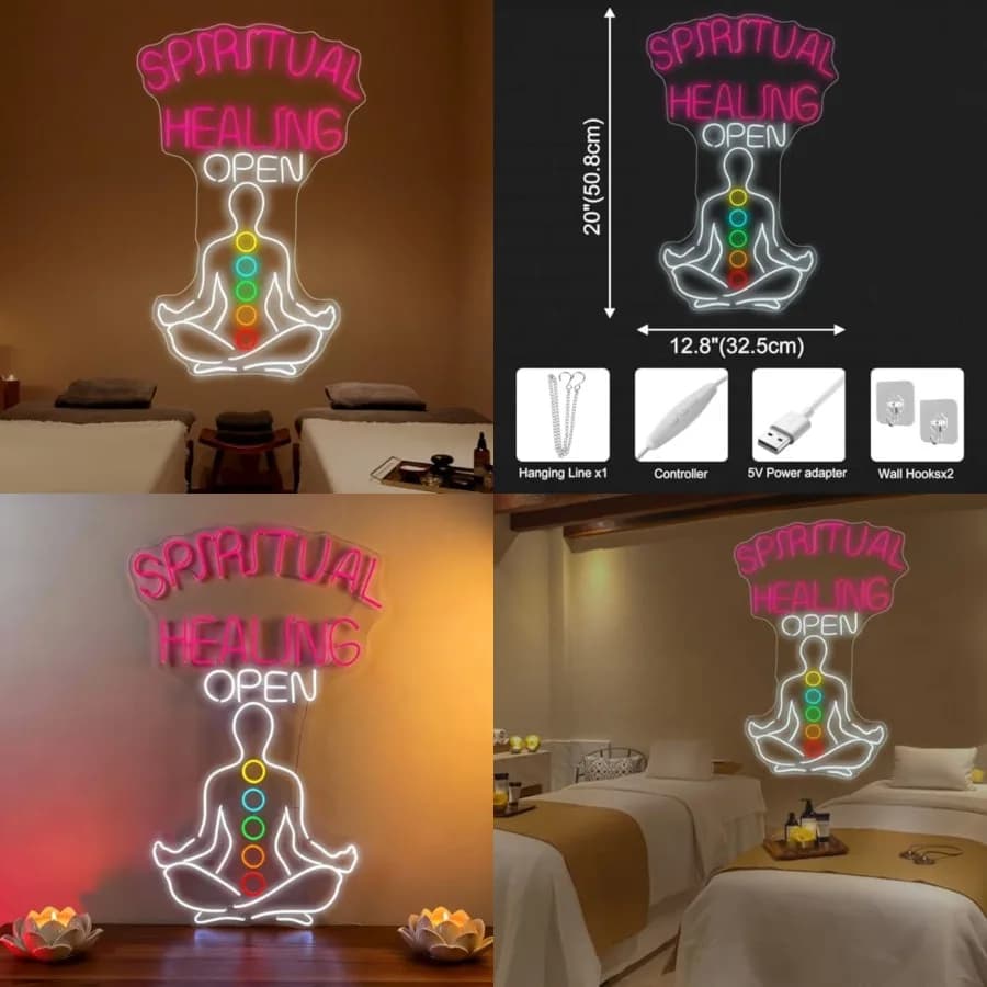 Insegna al Neon LED per l'Equilibrio dei Chakra, Luce da Parete per Sala di Meditazione, Studio Yoga, Arredamento per Guarigione Energetica, Insegna 'Counselor Spirituale' Aperto
