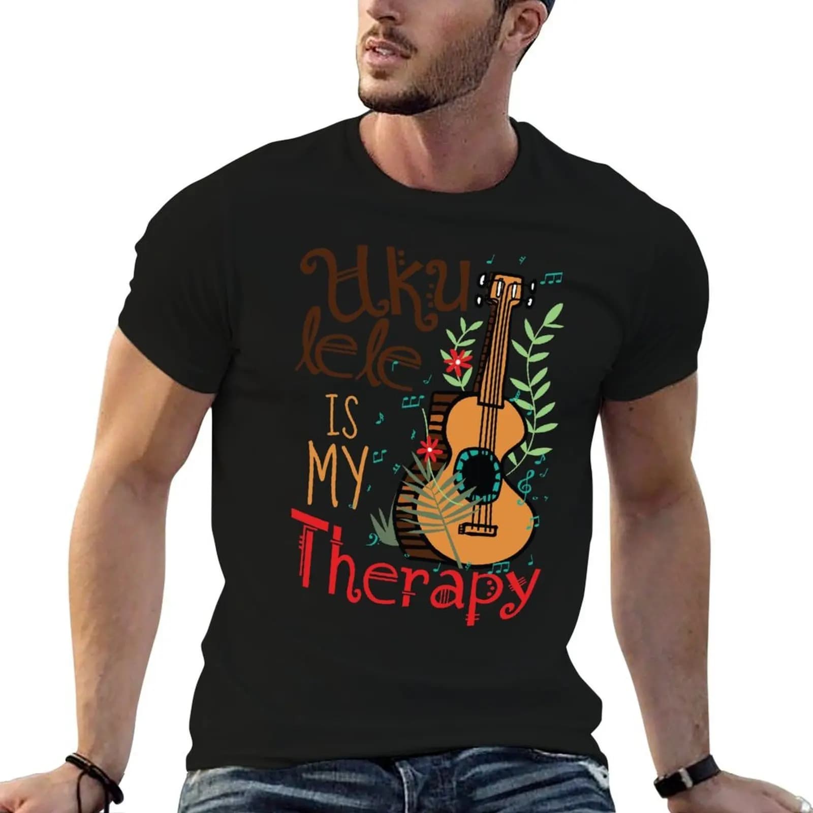 T-shirt Ukulele Is My Therapy, magliette divertenti da uomo, maglietta essenziale da uomo, magliette per uomo, maglietta divertente in cotone