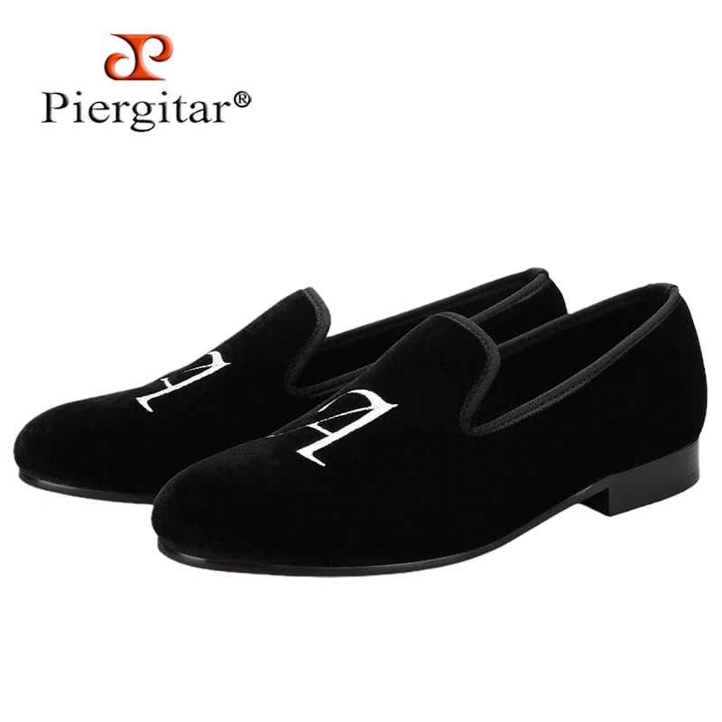Handmade Piergitar with initials custom embroidery moccasins for men smoke slippers Slip-On in black velvet for wedding or party red sole