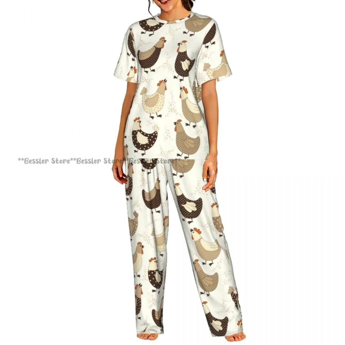 Set da 2 pezzi da donna con motivo a cartoni animati di polli, pigiama con top a maniche corte e pantaloni.