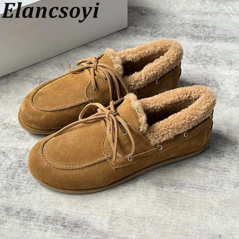 Loafers Women's Cow Suede Keep Warm Thick Bottom Walking Shoes Autumn Winter Round Toe Lace Up Retro Plush Lining Flat Shoes