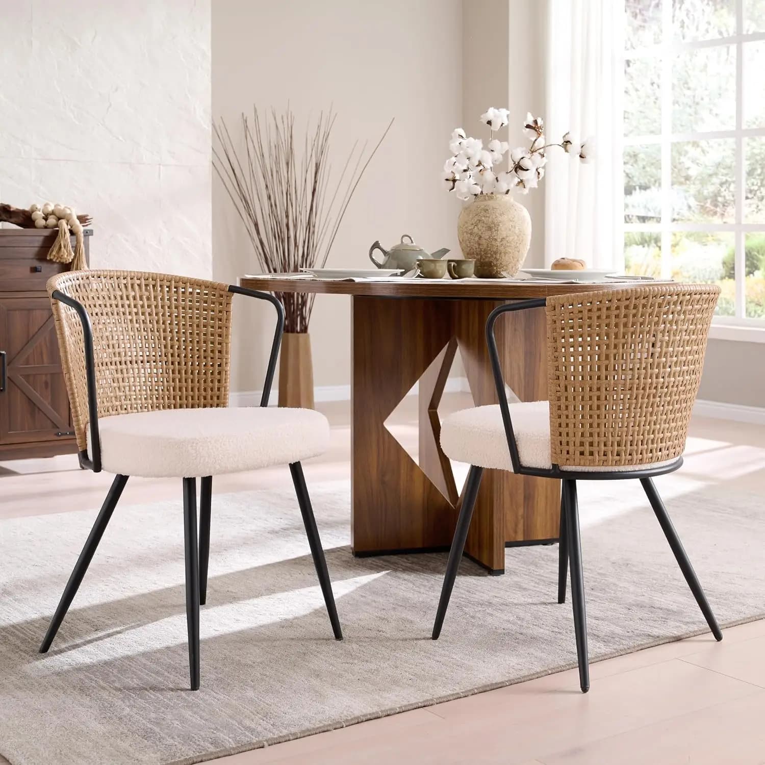 Rattan Dining Chairs Set of 2 - Farmhouse Upholstered PE Rattan Kitchen Chair with Boucle Cushion, Wingback Dining Room, Custom