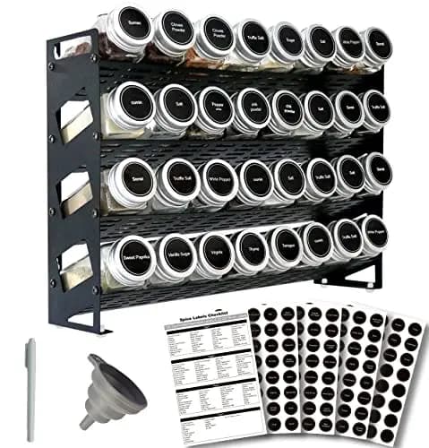 Organizzatore per Spezie a 4 Livelli con 32 Barattoli Quadrati e Set di 160 Etichette per Spezie, per Armadietto della Cucina, Piano di Lavoro, Dispensa o Parete