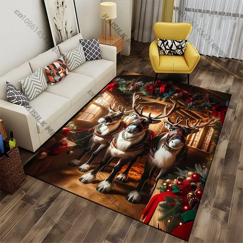 Festive reindeer in decorated barn carpet Yoga living room room decor children's crawling mat doormat area rug games mat