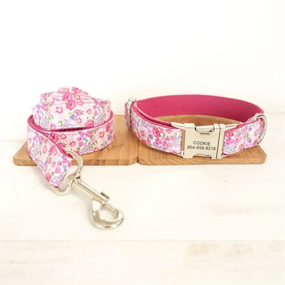 Collare per animali domestici personalizzato Targhetta identificativa personalizzata Tag Collare per cani gatto fiore rosa regolabile Guinzaglio in piombo