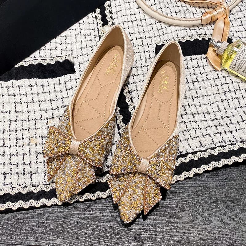 Women Flat 2023 Elegant Fashion Women Flat Fashion Ballet Shoes Bling Crystal Bow Tie Pointed Toe Flats Shoes Lady Shiny Flat