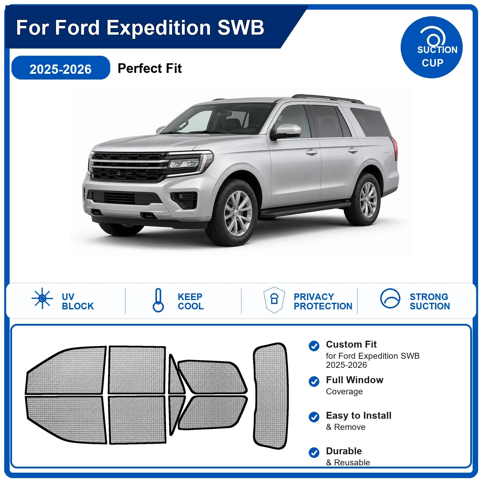 For Ford Expedition SWB 2025-2026 Custom Full Set Windshield Sun Shade Aluminum Foil Heat Insulation Anti UV Foldable