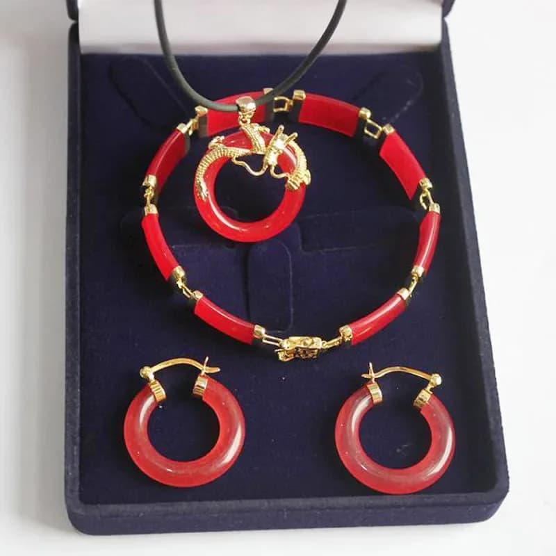 Set di Gioielli Portafortuna con Ciondolo Drago in Pietra Naturale Verde e Rossa, Collana, Orecchini e Bracciale per Donne e Ragazze alla Moda, Regalo per Matrimoni e Feste