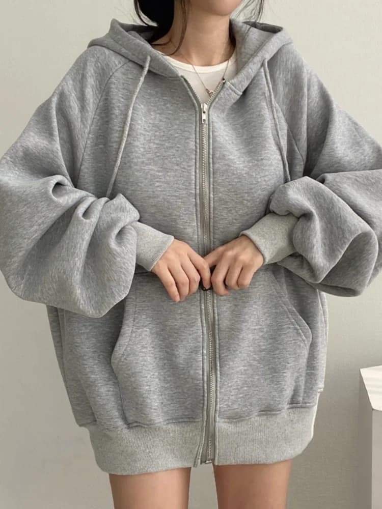 Cardigan Casual Chic Autunno Inverno con Zip e Collo Rotondo, Maniche a Lanterna, Giacca Corta con Cappuccio, Moda Femminile