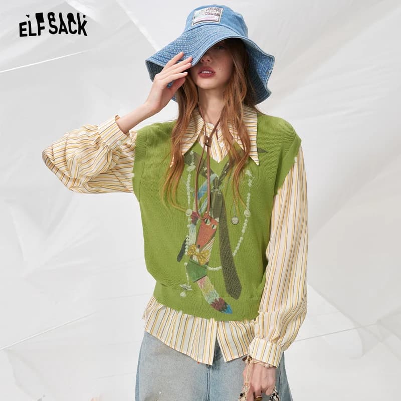 ELFSACK Casual Fox Print Fake Two-Piece Knit Top, Pointed Collar Lantern Sleeve Striped Blouse, Cool Ice Knit Shirt for Women
