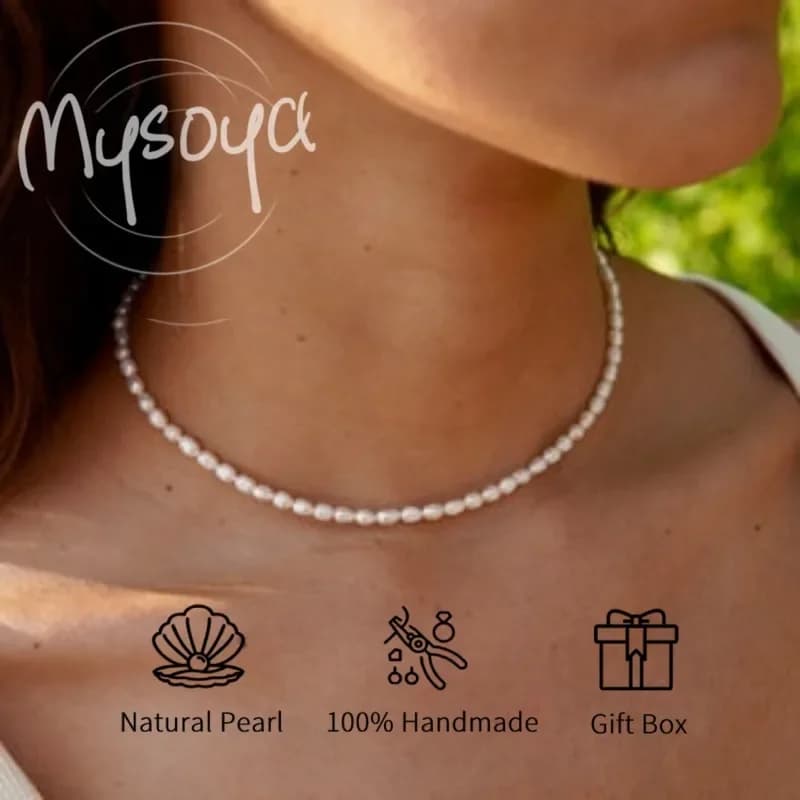 MYSOYA Collana di perle d'acqua dolce a forma di riso bianco 5-6 mm con confezione regalo, per lei/lui, compleanno/matrimonio/anniversario/regalo di Natale