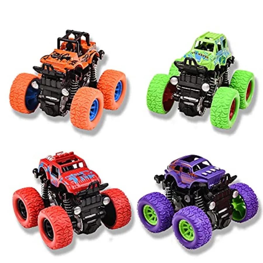 Monster Truck per Ragazzi, Set di 4 Veicoli a Retrocarica per Bambini, 360 ° Auto a Frizione Durevole con Rotazione a 4 Ruote Motrici