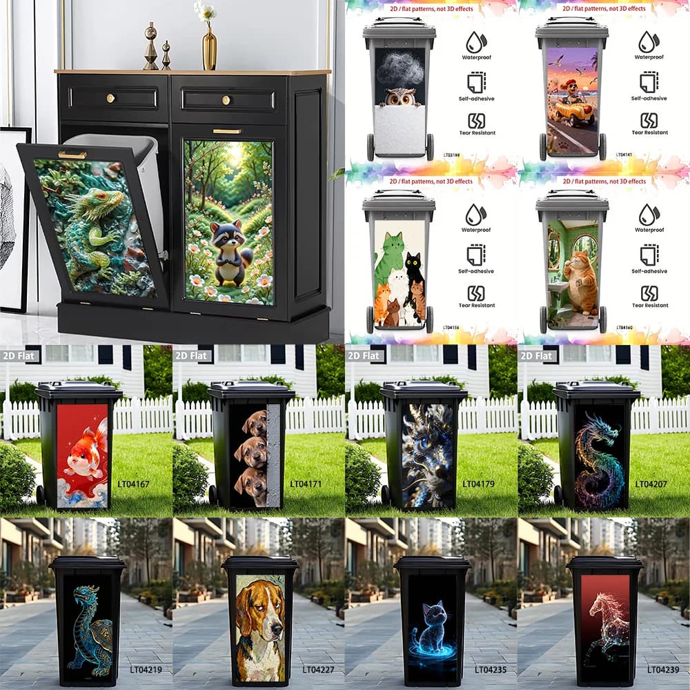 Adesivo magico per bidone della spazzatura con drago pavone, design fantasy naturale, decorazione impermeabile rimovibile per bidone della spazzatura da esterno