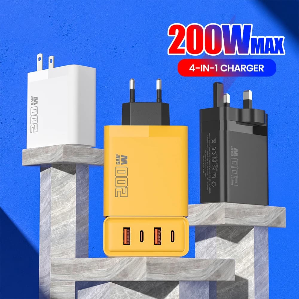 200W 2USB+2Type-c Multi Port Wall Fast Charging Charger EU/US/UK Plug Mobile Phone Adapter For Samsung iPhone Xiaomi Huawei