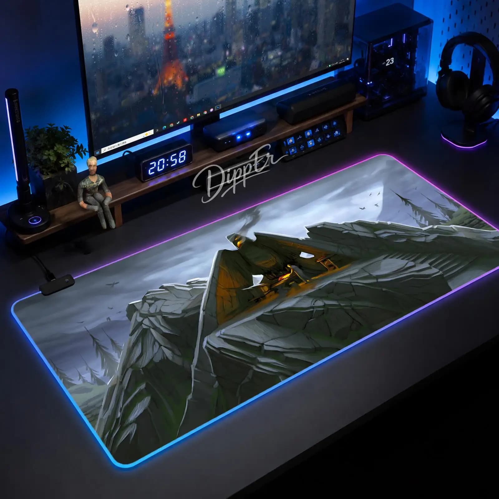 Tappetino per mouse A-Skyforge di grandi dimensioni con LED luminosi, tappetino da tavolo XXL da gioco antiscivolo in gomma con retroilluminazione