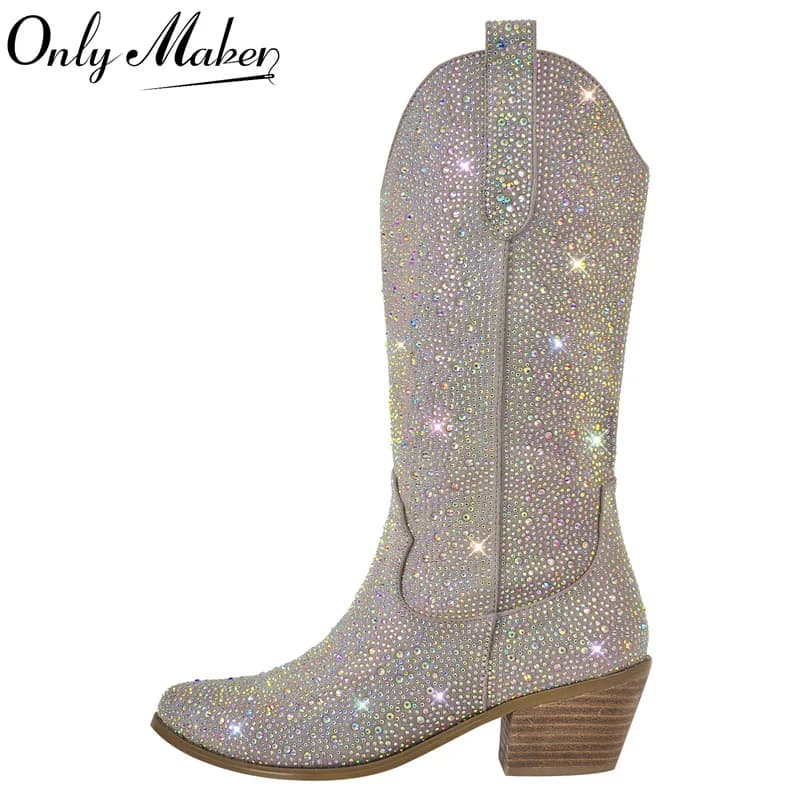 Onlymaker Women Side Zipper Knee High Boots Rhinestone Booties Glitter Bling Shiny Western Pointed Toe Block Heel Cowgirl Boot