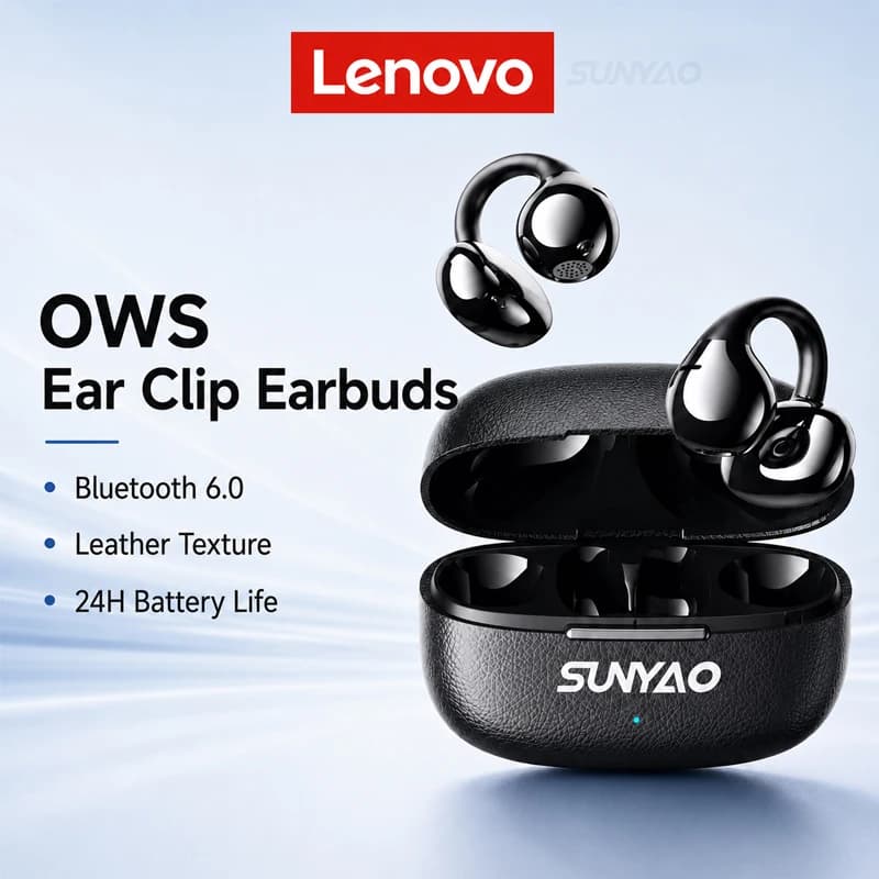 New Choice Lenovo Wireless Bluetooth Earphones OWS Leather Texture Design Ear Clip Earbuds with Accessories for Girls Gifts S122