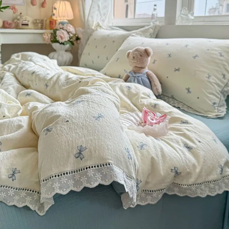 INS stile coreano fiocco blu doppio strato di garza set di quattro pezzi semplice bordo in pizzo copripiumino lenzuolo dormitorio set da 3 pezzi