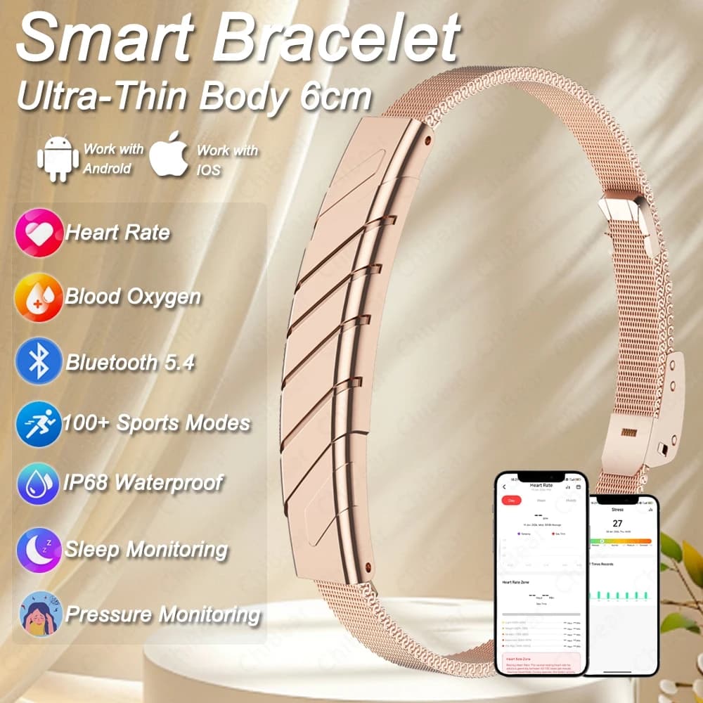 2026New Health Smart Bracelet 6cm Ultra-Slim Design 100+ Sport Modes IP68 Waterproof Remote Camera Control Smart Bracelet Women