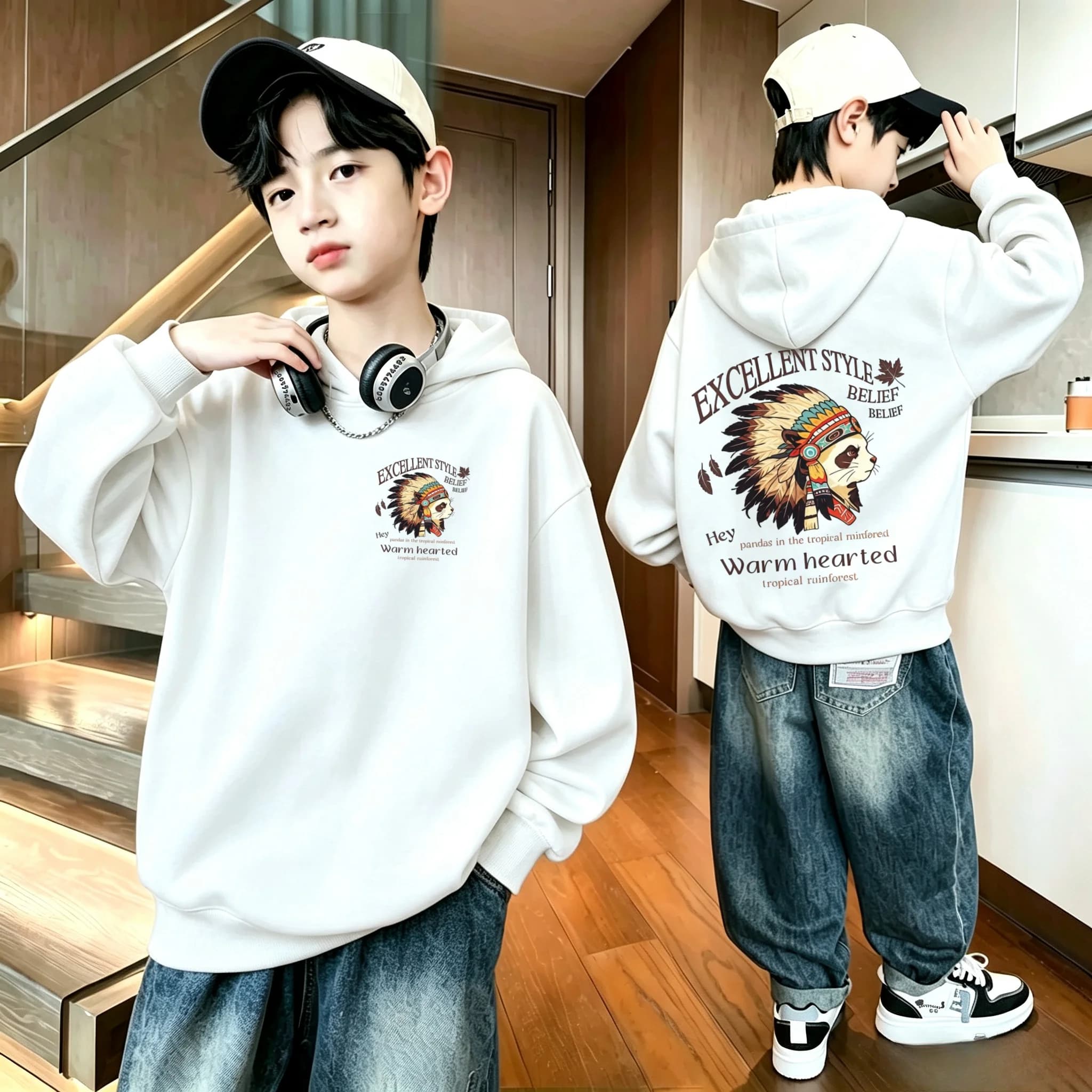 Latest fall and winter casual ultra-cool children's hooded sweatshirt with fashionable and cool cartoon print pullover hoodie