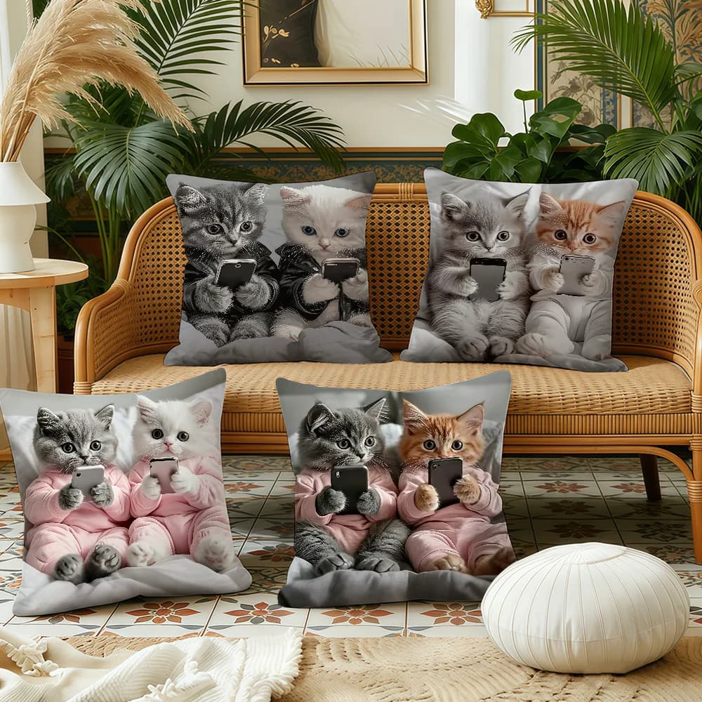 Cute Kittens With Smartphones cushion cover Plush Fabric Soft Double Sided Print Sofa Cushion Cover Throw Pillow Covers