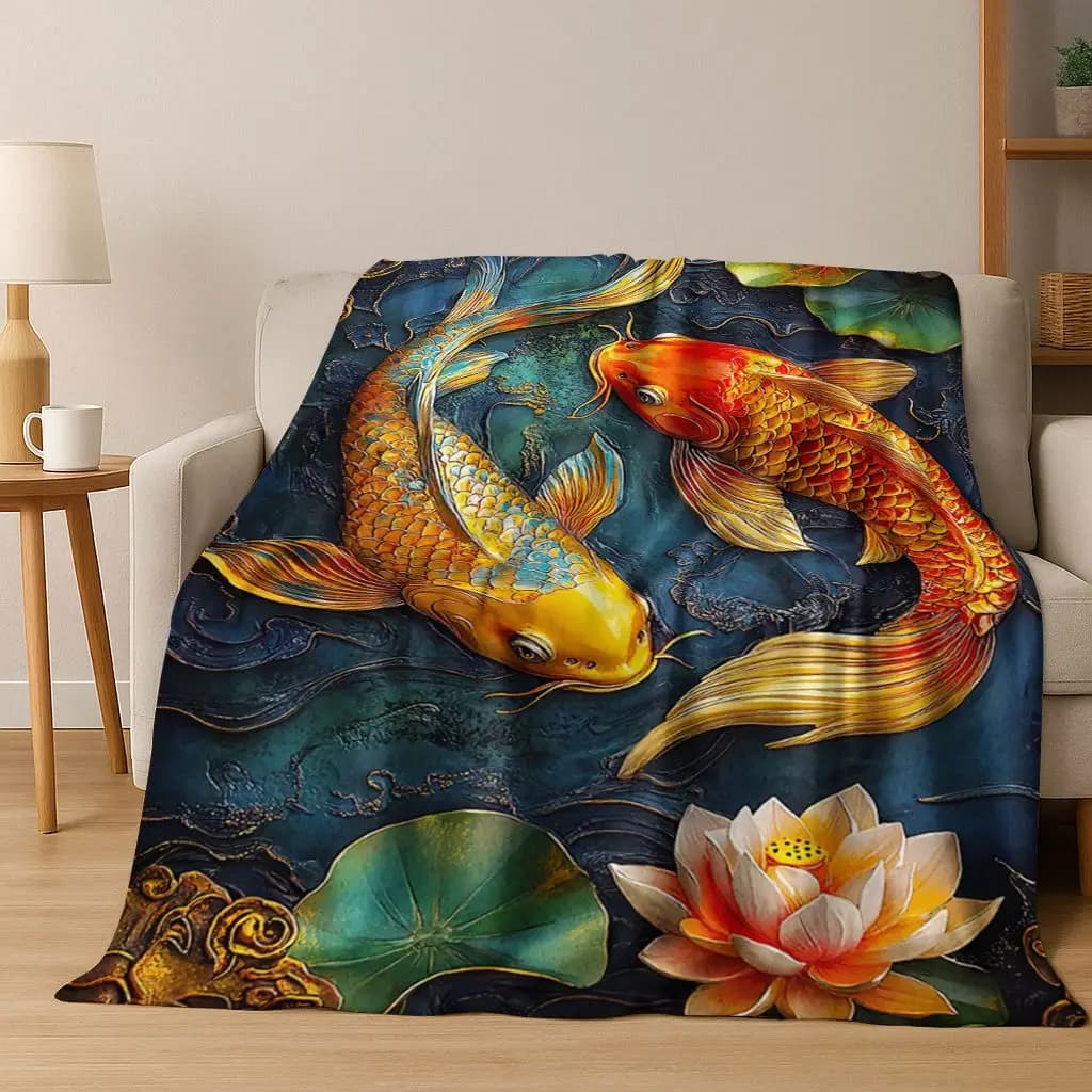 Luxurious Lucky Koi Fish Yin Yang Carp Cartoon Flannel Blanket,Cozy Soft Throw Blanket for Home Bedroom Bed Sofa Cover Gift Kid