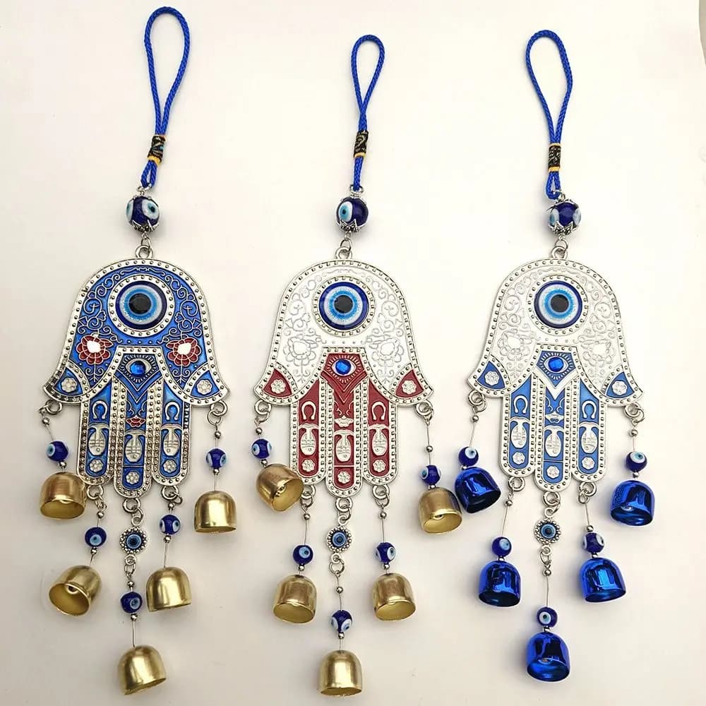 Wall Decoration Fatima Hand Wind Chimes Hamsa Hand Blessing Protection Blue Evil Eyes Pendant Small Bell Good Lucky