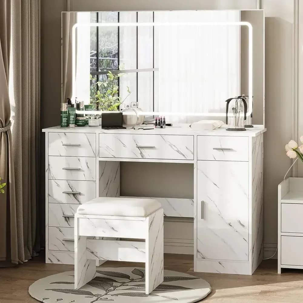 Luxury Makeup Vanity Desk with Large Mirror, Adjustable Lighting, Power Outlet, 7 Drawers, Cushioned Seat, Hairdryer Holder, Mar