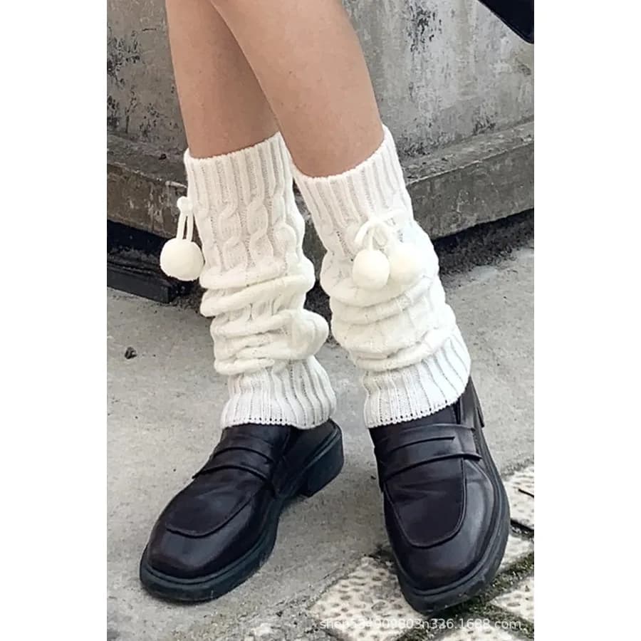 Calzini Invernali Caldi Lolita, Scaldamuscoli Lavorati a Maglia con Pompon, Coprigambe in Lana per Donne